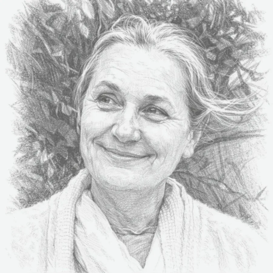 Sketch-style portrait of Ania with a foliage background