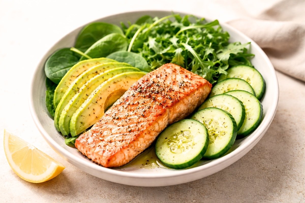 Low-Carb Salmon Avocado Bowl for Blood Pressure Support, finished and ready to serve
