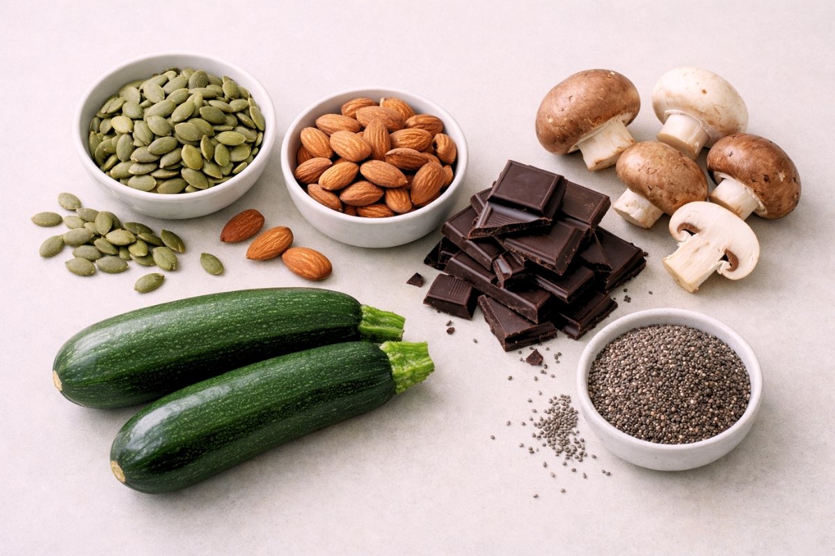 low-carb foods for blood pressure including pumpkin seeds almonds zucchini mushrooms and dark chocolate