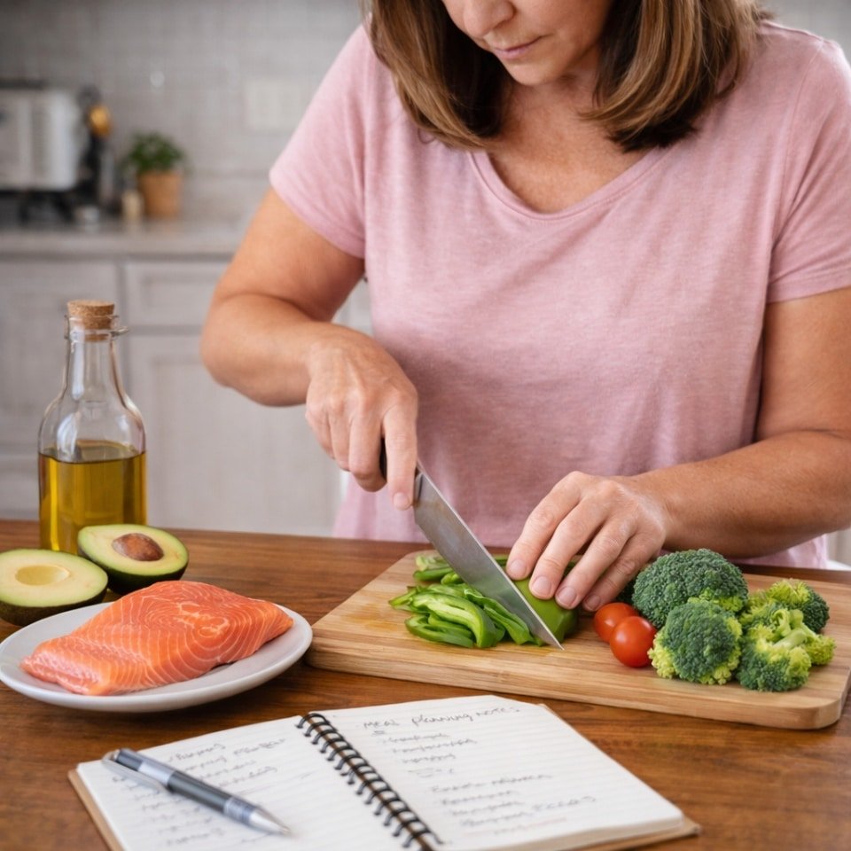 preparing low-carb meal with salmon, avocado, olive oil and vegetables while planning recipes for managing high blood pressure