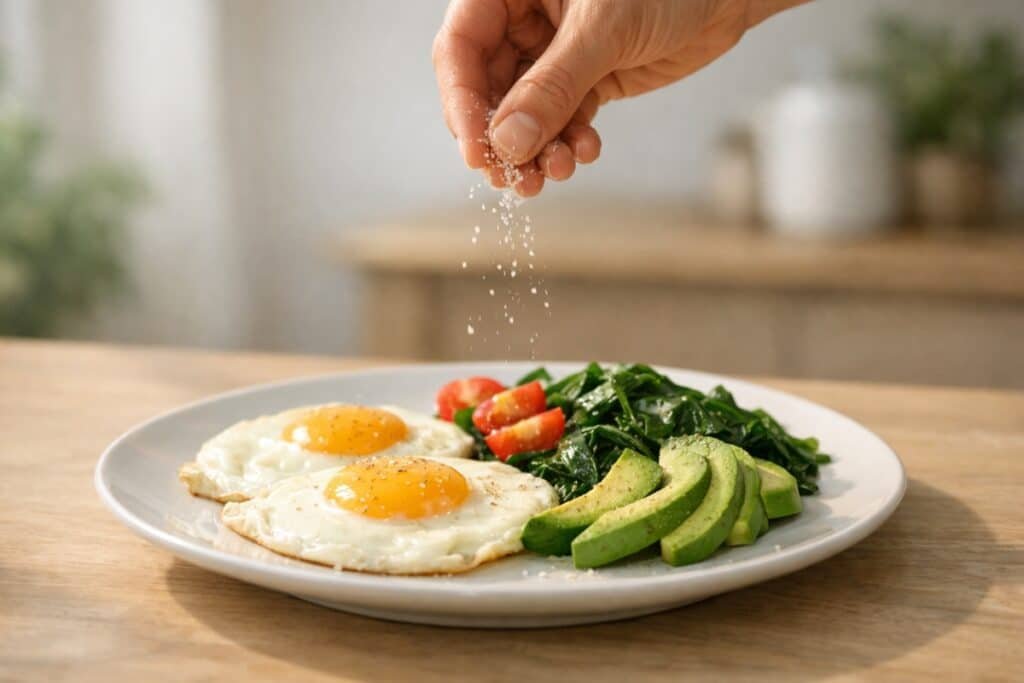 plate of eggs, avocado and greens in natural light, a simple low-carb meal