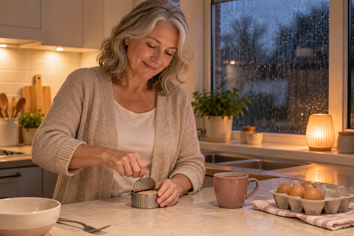 A woman in her fifties at her kitchen bench on a rainy evening, calmly opening a tin of fish beside a carton of eggs, with a cup of tea nearby.