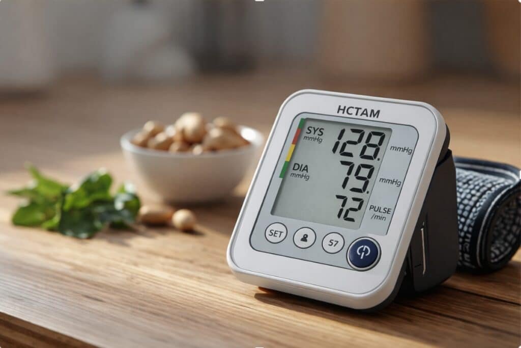 home blood pressure monitor on a kitchen counter beside a bowl of nuts and leafy greens