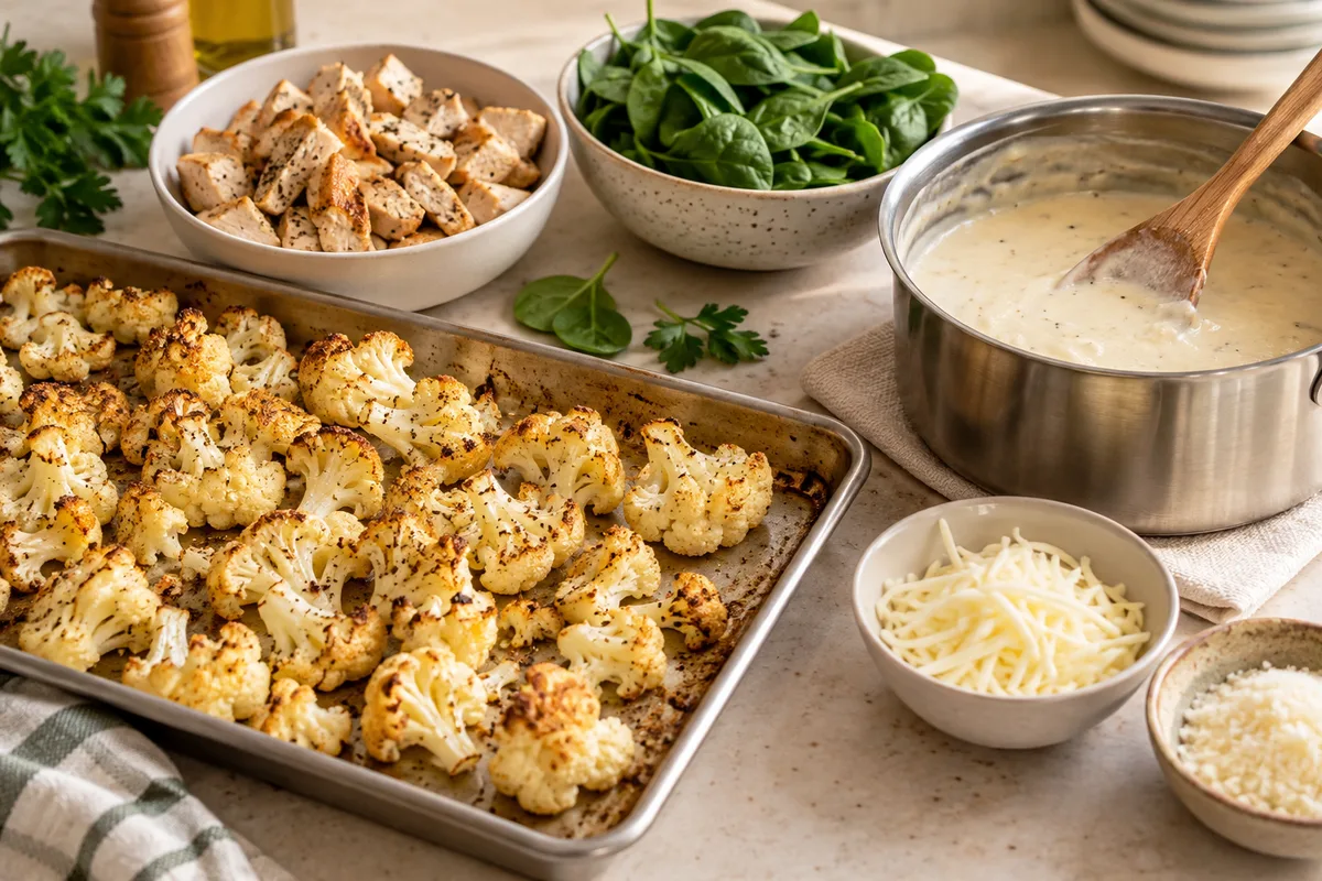 A tray of roasted cauliflower florets beside bowls of chopped cooked chicken, fresh baby spinach and grated cheese, with a saucepan of creamy Alfredo sauce and a wooden spoon