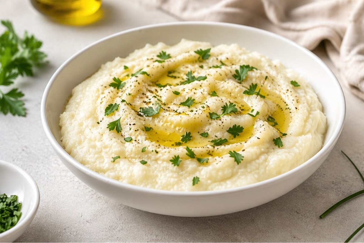 Cauliflower Mash with Olive Oil and Herbs, finished and ready to serve