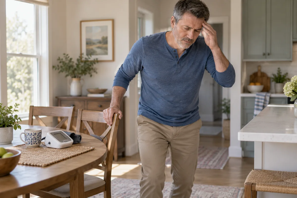 A man at home steadying himself with one hand on the back of a dining chair just after standing up, with a home blood pressure monitor sitting unused on the table beside him.