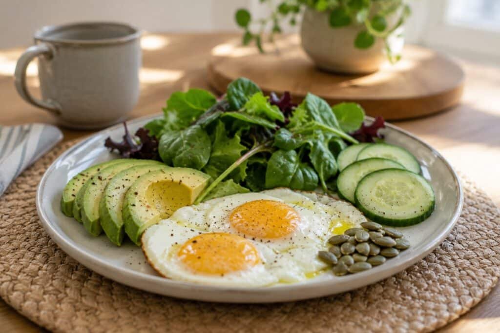 Low-carb breakfast plate with fried eggs, avocado, leafy greens, cucumber slices, and pumpkin seeds on a modern kitchen table in natural morning light