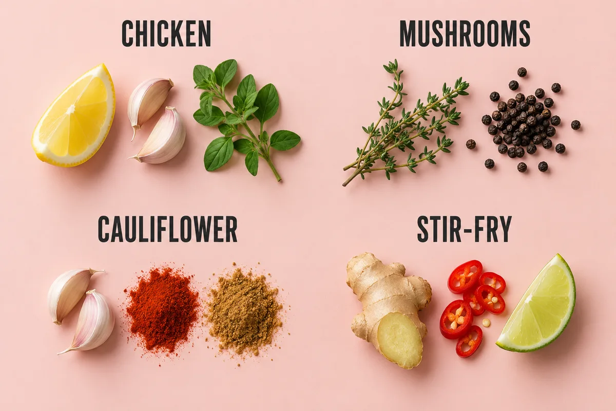Flavourings grouped on a blush pink background under four labels. Chicken: lemon, garlic and oregano. Mushrooms: thyme and black peppercorns. Cauliflower: garlic, smoked paprika and cumin. Stir-fry: ginger, red chilli and lime.