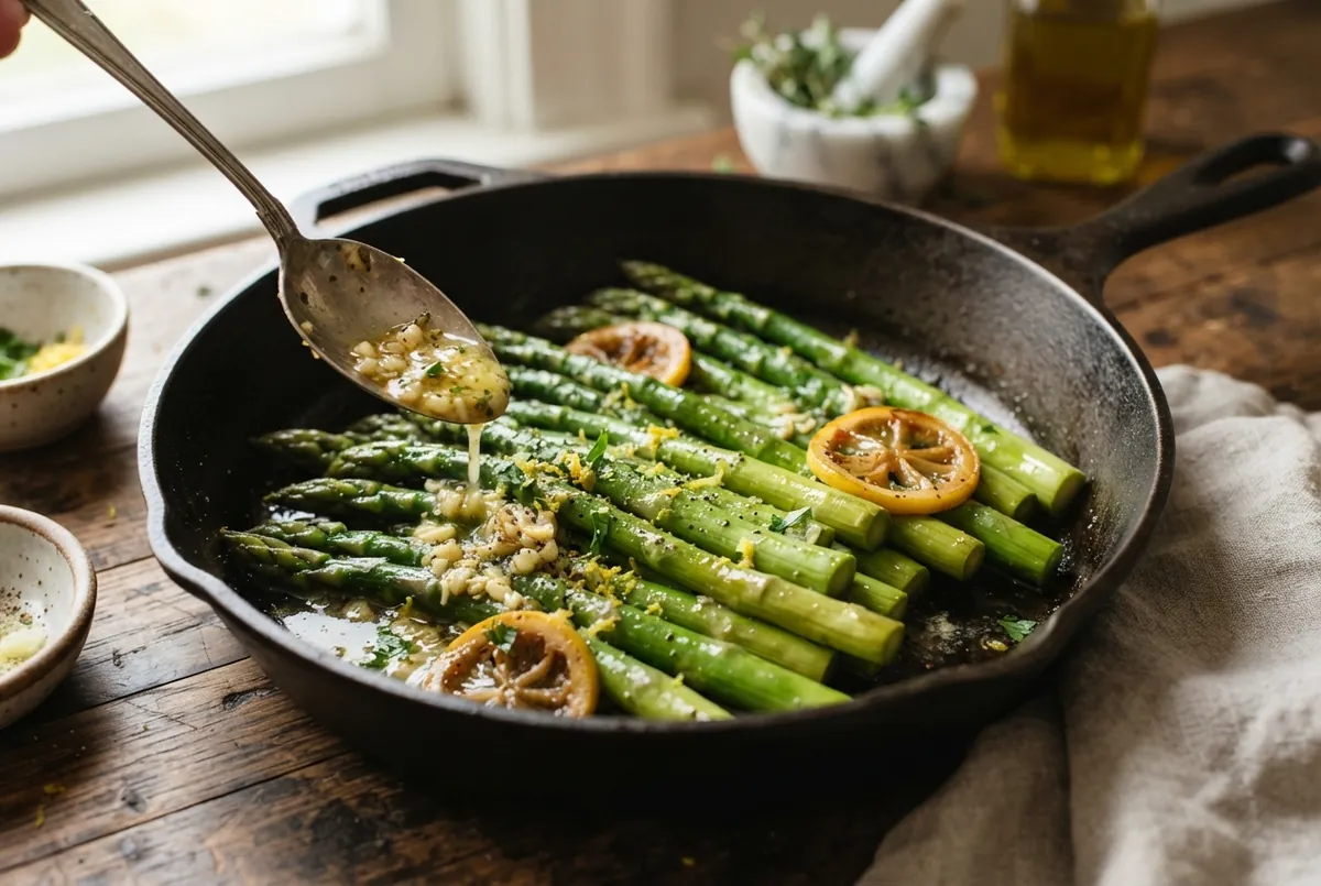 Spooning lemon garlic butter sauce over asparagus in a cast iron skillet