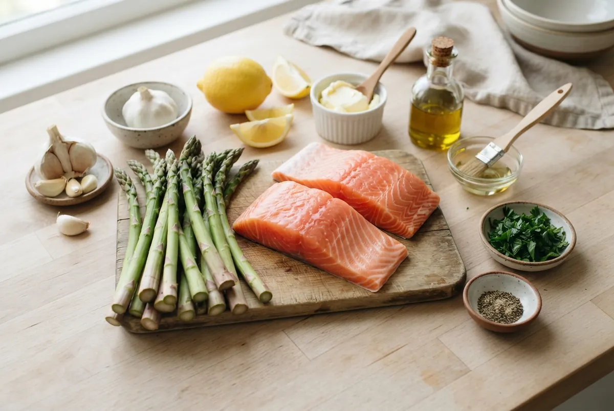 Raw salmon fillets, asparagus, garlic, lemon, butter, olive oil, parsley and black pepper on a wooden counter