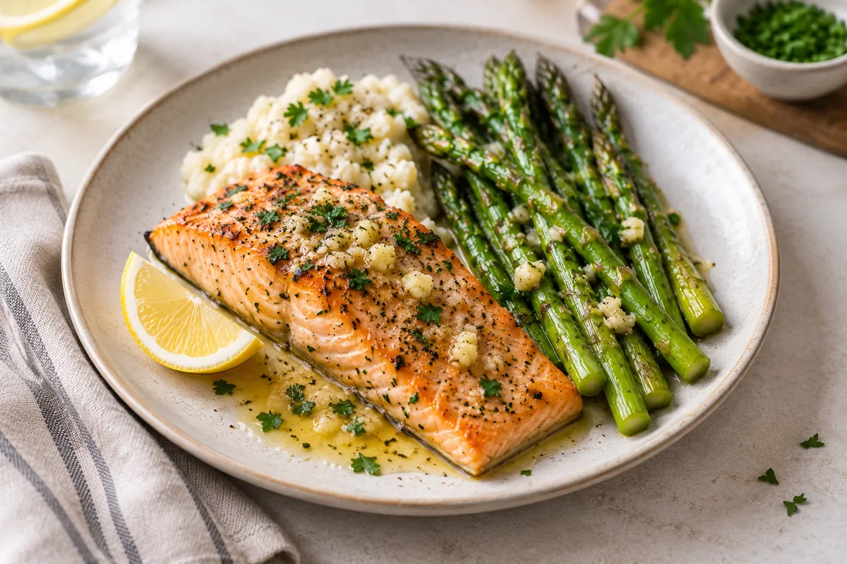 A plate of garlic butter salmon with asparagus, cauliflower mash and a lemon wedge