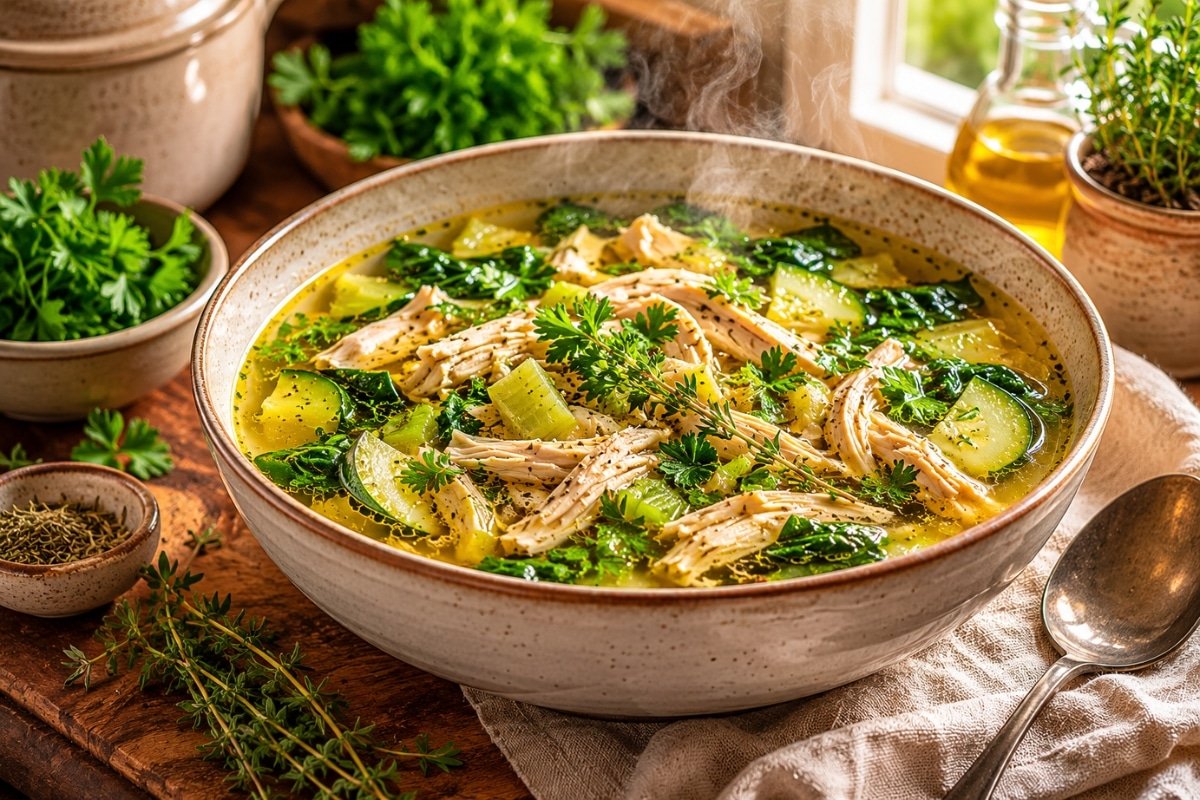 Keto Chicken Soup (Electrolyte-Rich), finished and ready to serve