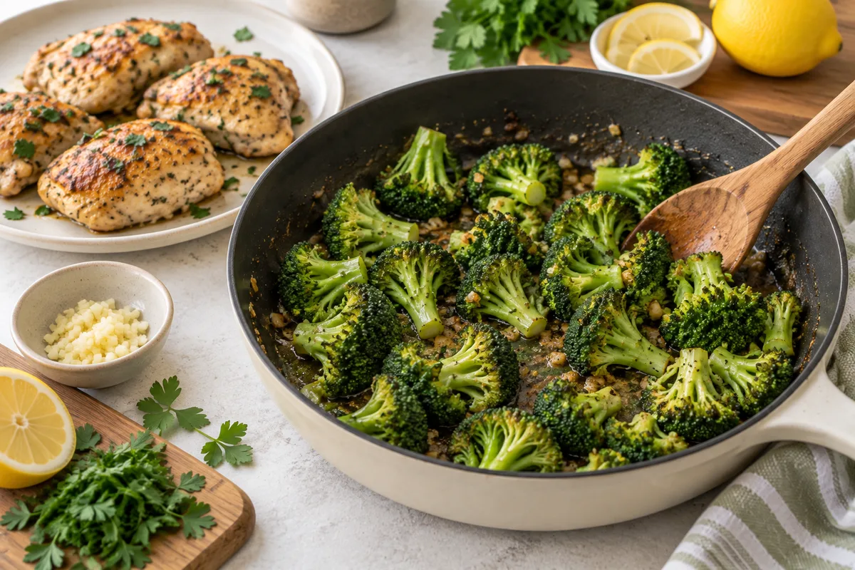 Broccoli florets cooking in a skillet with garlic and pan juices, browned chicken resting on a plate alongside