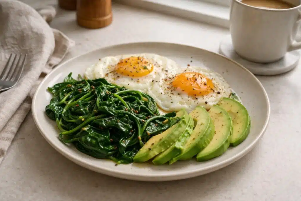 Low-carb breakfast with eggs, sautéed spinach, and sliced avocado on a plate in soft morning light