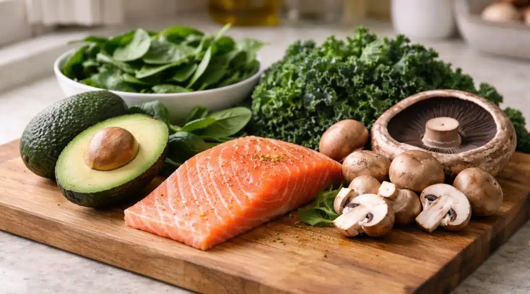 low-carb foods for blood pressure including avocado leafy greens salmon and mushrooms rich in potassium and omega-3 fats