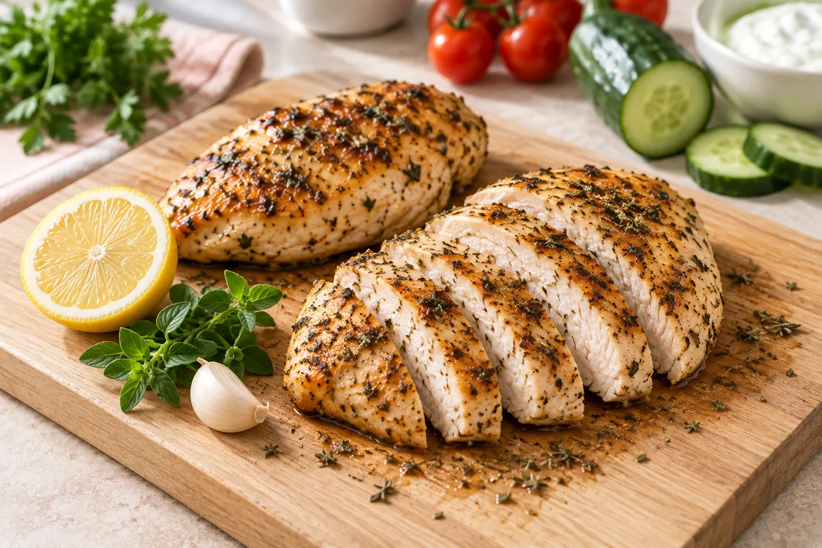 Herb-crusted chicken breast sliced on a wooden board beside a halved lemon, fresh oregano, garlic, cherry tomatoes and cucumber