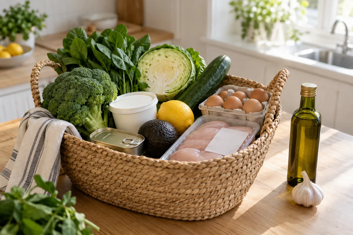 A woven shopping basket on a timber kitchen bench holding broccoli, spinach, half a cabbage, a cucumber, a lemon, an avocado, eggs, a tub of plain yoghurt, a tin of fish and a pack of chicken breast, with olive oil and garlic beside it.