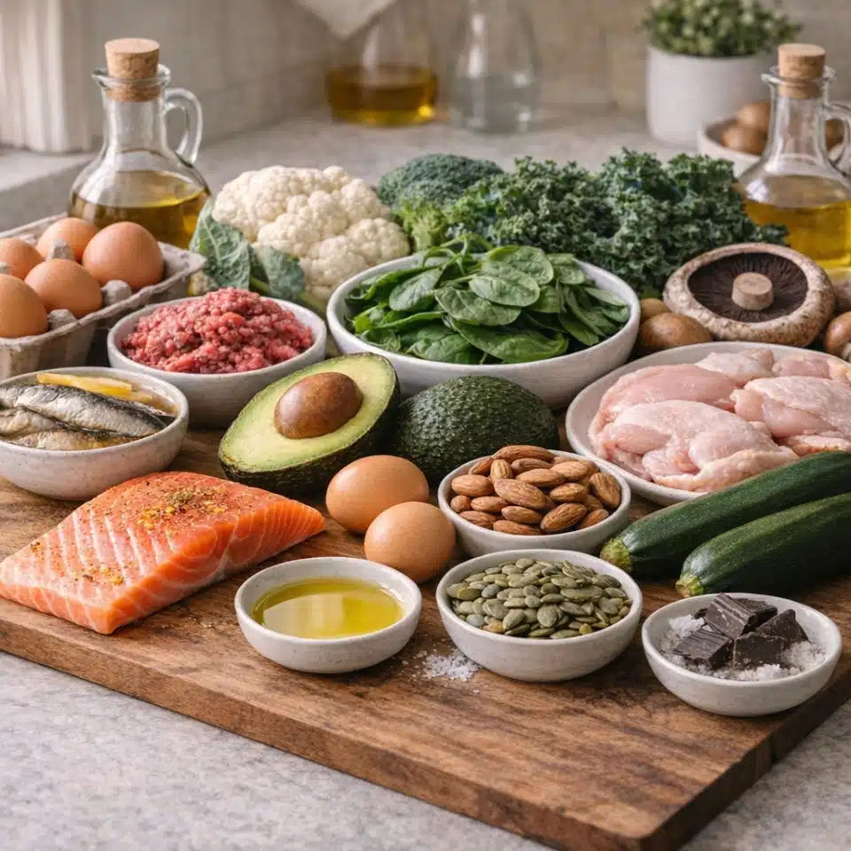 Low-carb grocery selection for blood pressure support with salmon, eggs, leafy greens, avocado, nuts, seeds, olive oil and fresh vegetables on a wooden board in a home kitchen