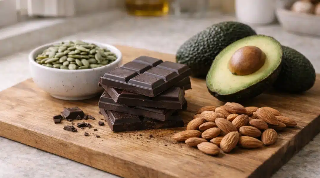 magnesium-rich foods for blood pressure including pumpkin seeds dark chocolate and almonds on wooden surface