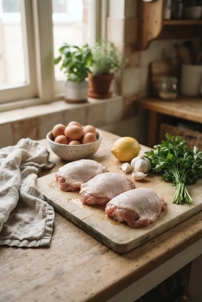 Plain raw chicken thighs on a wooden board with brown eggs, a lemon, garlic and fresh parsley beside them on a linen cloth.
