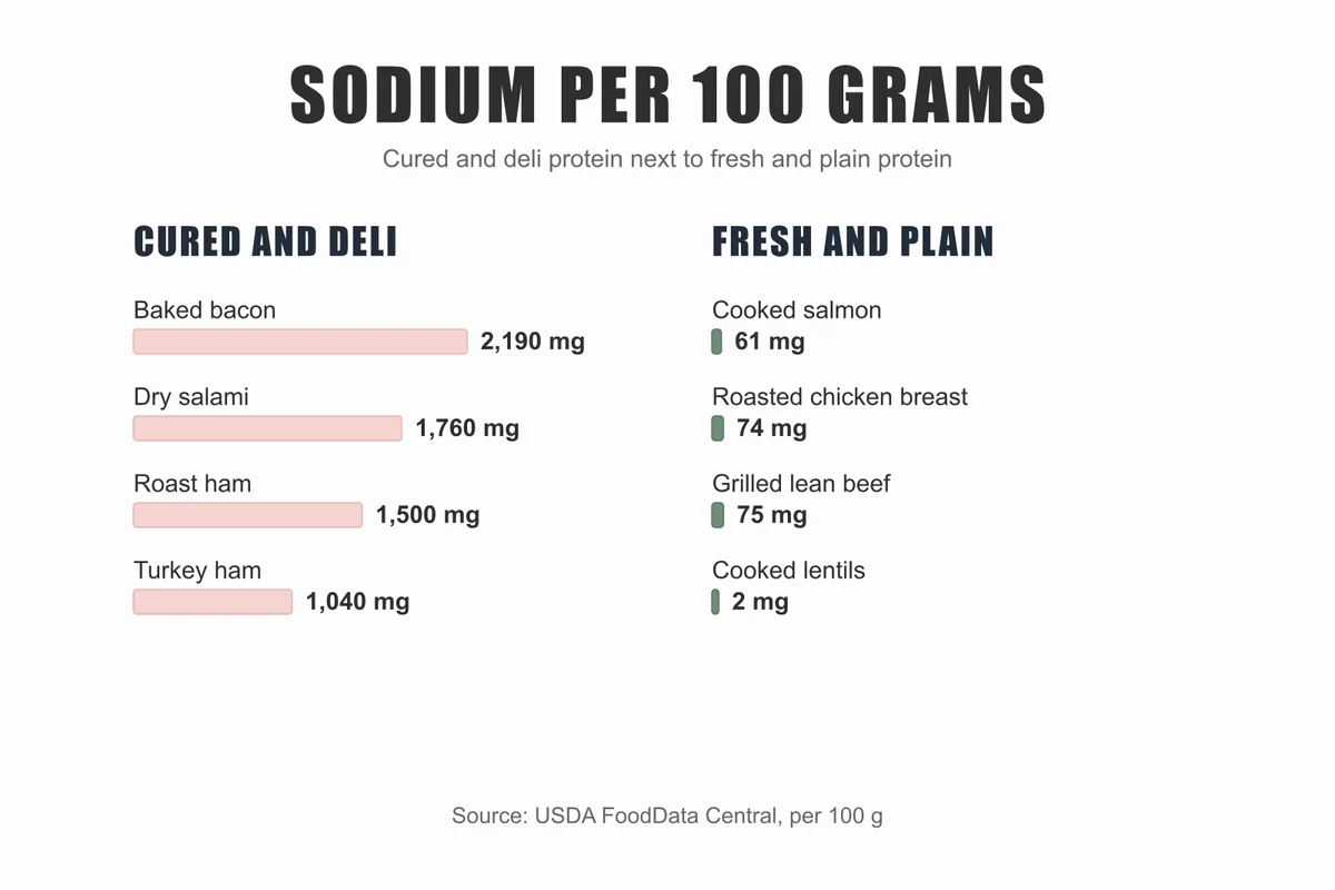 Comparison of sodium per 100 grams in eight protein foods, from baked bacon at 2,190 mg down to cooked lentils at 2 mg, with fresh meat and fish all under 80 mg.