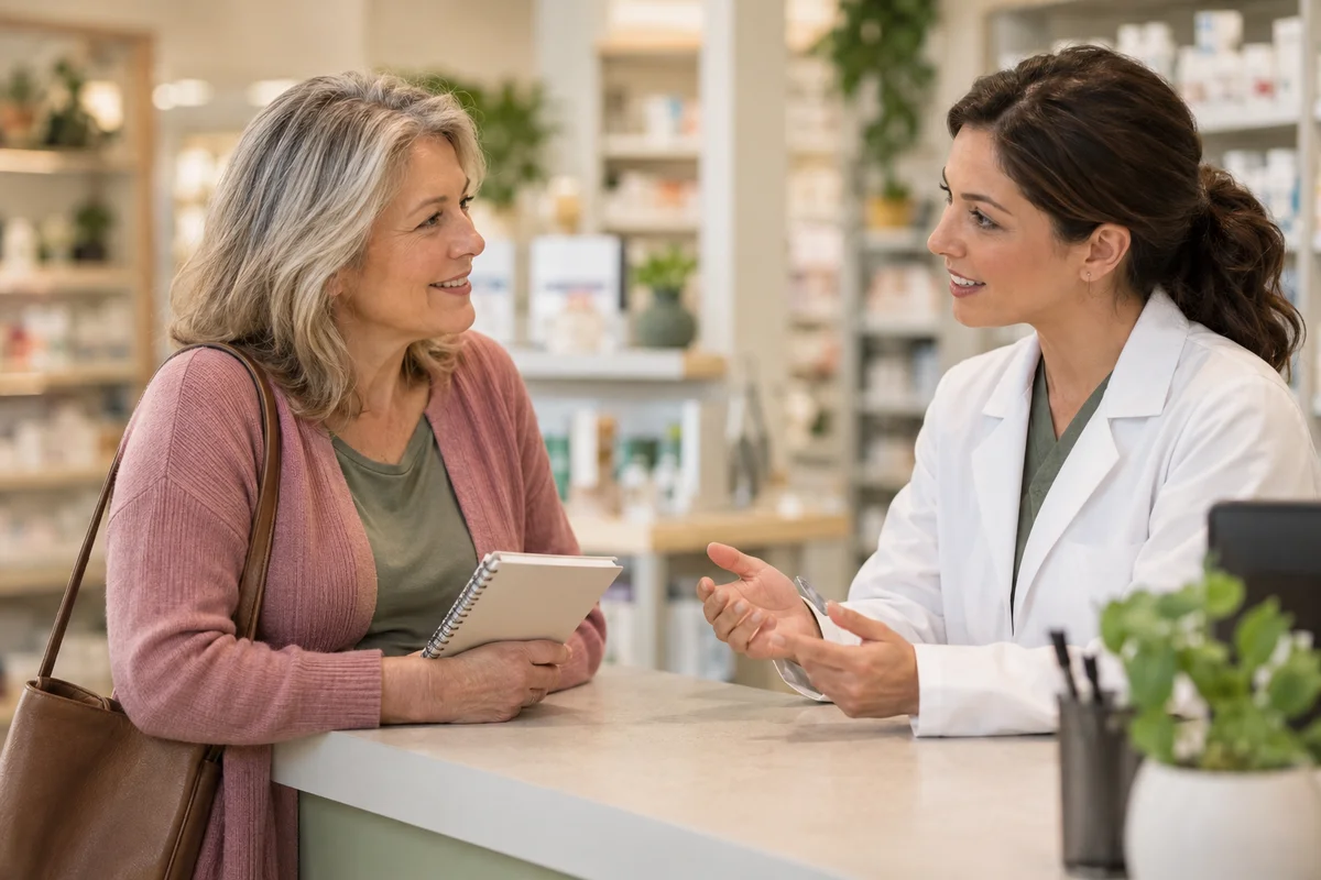 woman holding a notebook talking with a pharmacist at the pharmacy counter
