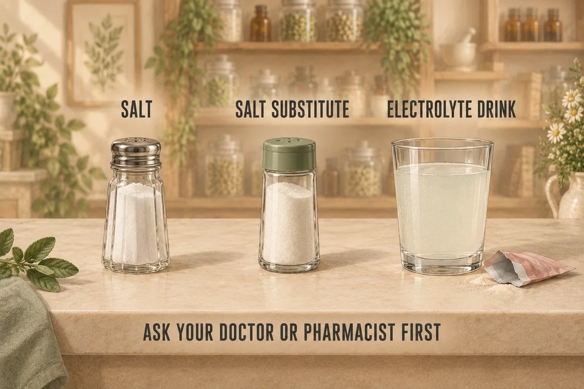salt shaker, salt substitute and an electrolyte drink in a row, labelled ask your doctor or pharmacist first
