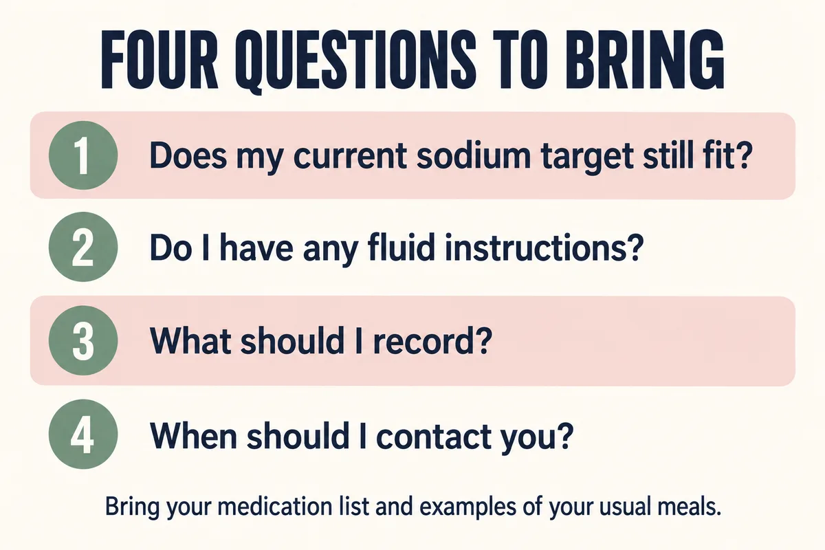 Graphic listing four questions to bring to an appointment: does my current sodium target still fit, do I have any fluid instructions, what should I record, and when should I contact you.