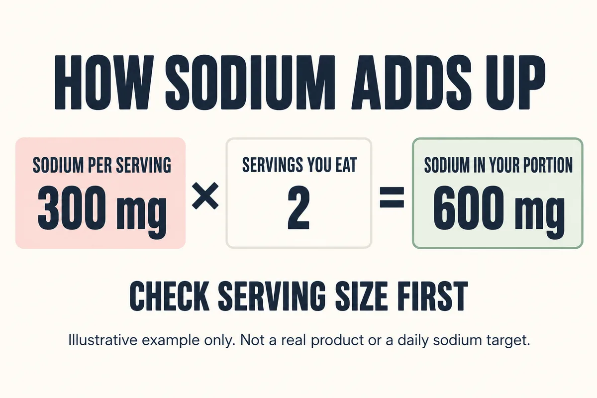 Graphic showing 300 mg of sodium per serving multiplied by 2 servings you eat, giving 600 mg of sodium in your portion, with a note that it is an illustrative example only and not a daily sodium target.