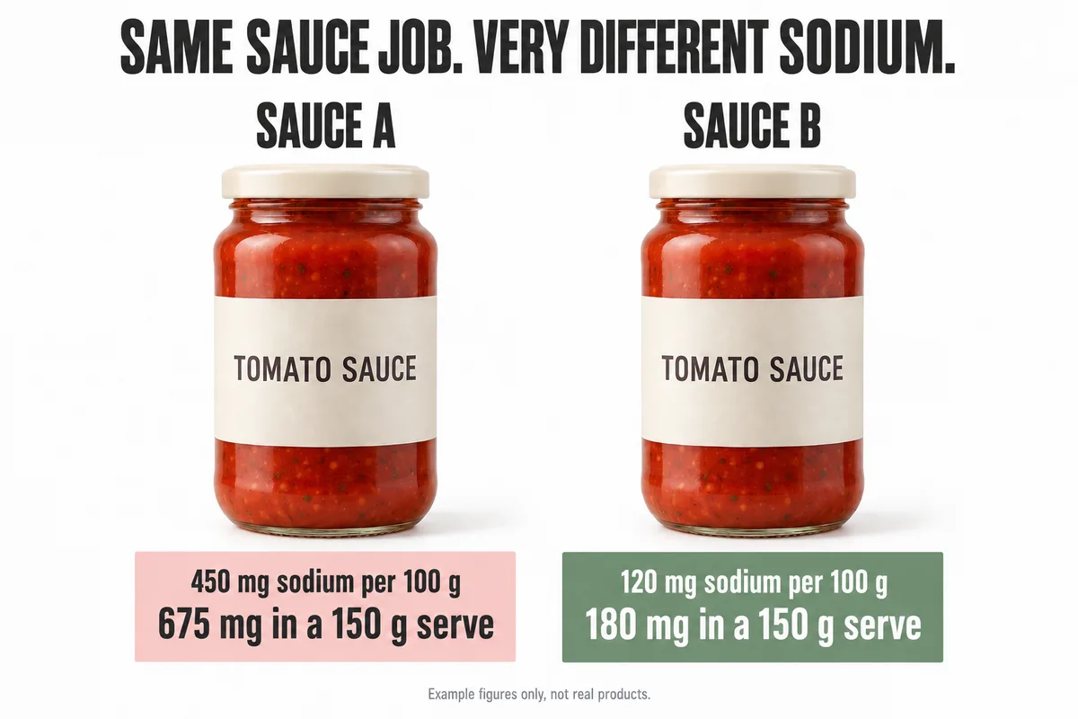 Two identical jars labelled tomato sauce under the heading Same sauce job, very different sodium. Sauce A: 450 mg sodium per 100 g, 675 mg in a 150 g serve. Sauce B: 120 mg sodium per 100 g, 180 mg in a 150 g serve. Example figures only, not real products.