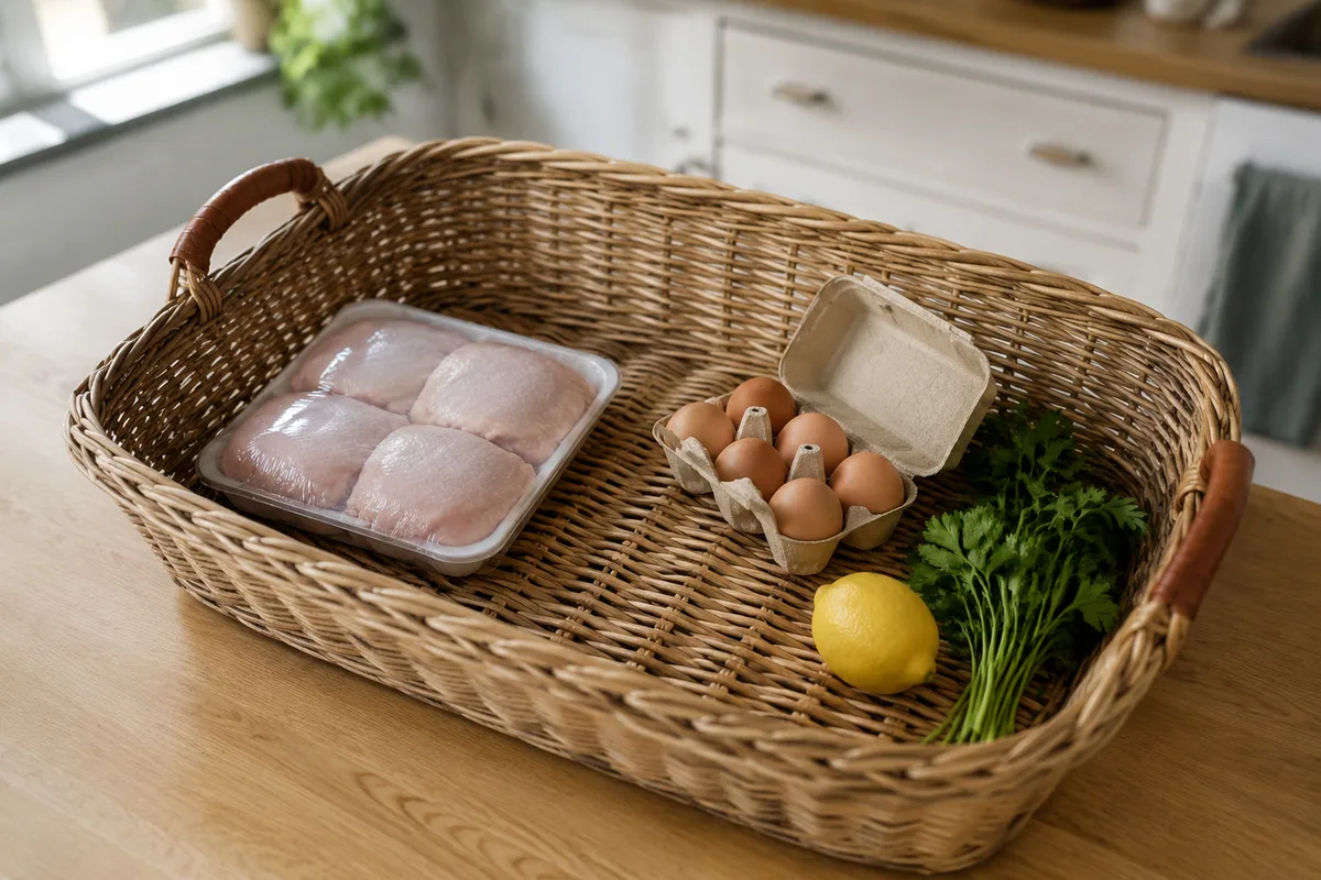 A shopping basket on a kitchen counter holding a tray of plain chicken thighs and a carton of eggs, with a bunch of parsley and a lemon beside it.