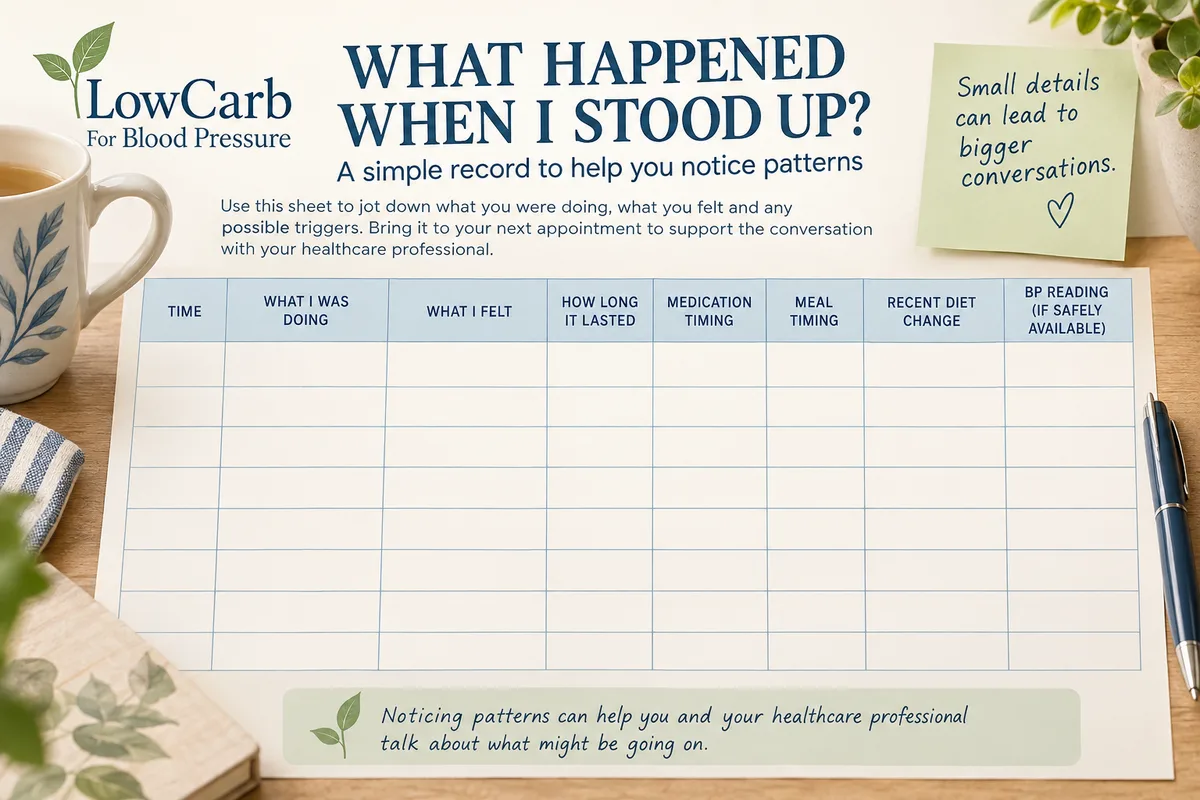 A blank printed record sheet headed What happened when I stood up, with columns for time, what I was doing, what I felt, how long it lasted, medication timing, meal timing, recent diet change and a blood pressure reading if safely available.