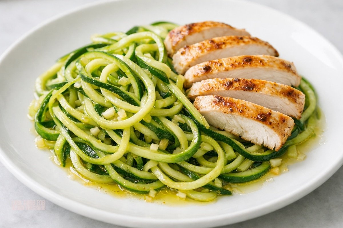 Zucchini Noodles with Olive Oil and Chicken, finished and ready to serve